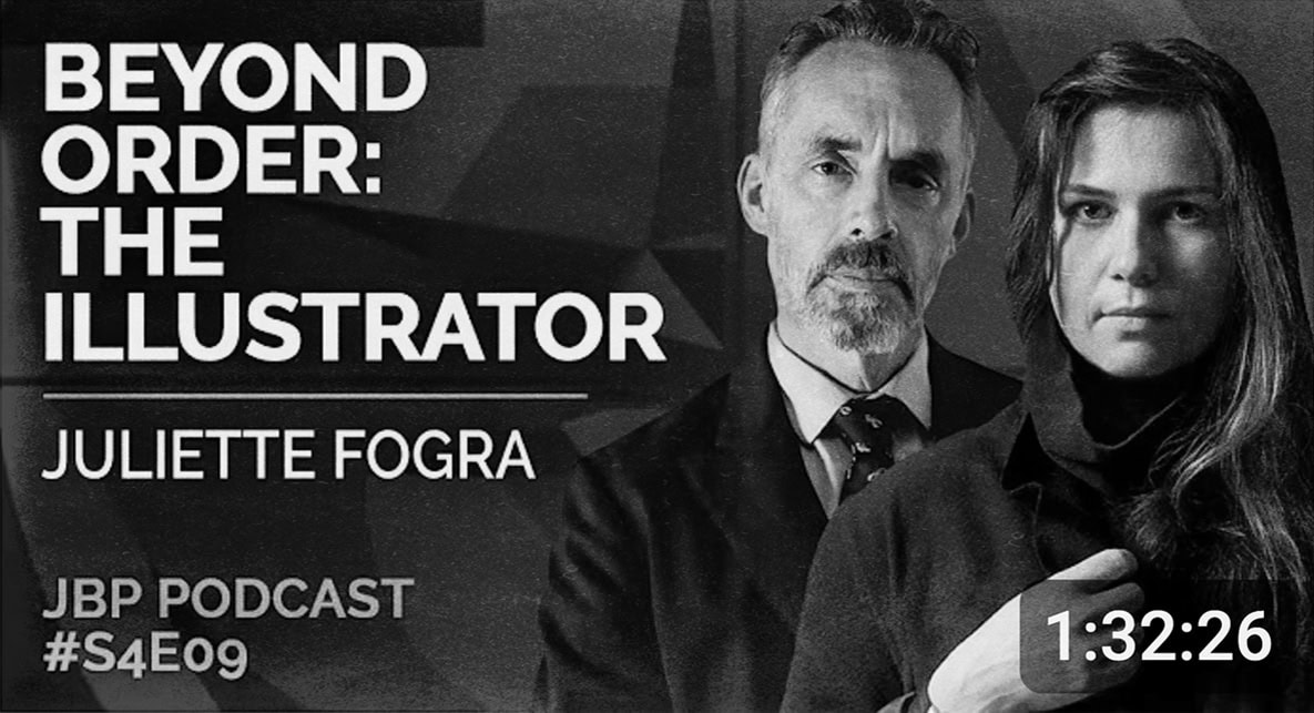 Black-and-white promotional image for Beyond Order: The Illustrator featuring Juliette Føgra. Two people stand side by side. Text includes the episode and podcast details. A timestamp in the lower right corner reads 1:32:26.