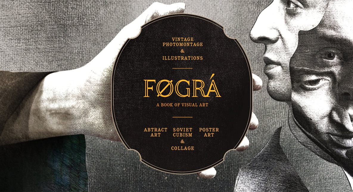 A round, dark sign reading “FØGRÁ: A Book of Visual Art” is held by a hand. The background features an abstract, grayscale collage of overlapping human faces and textures.