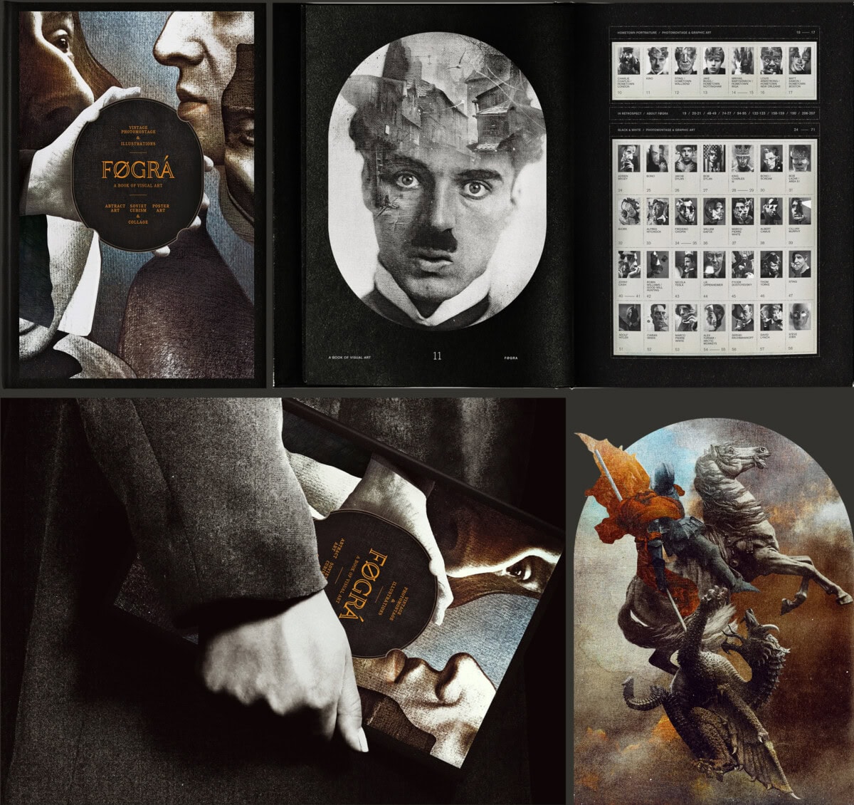 A collage of vintage-style art: abstract faces with a black circle labeled “FØGRÅ,” a cracked portrait of Charlie Chaplin, a grid of black-and-white headshots, a close-up of hands holding a book, and a dramatic medieval battle scene.