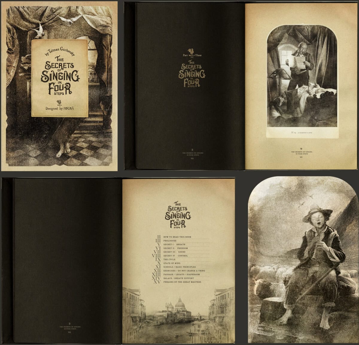 A collage of vintage book pages, including illustrated covers, a list of chapters, and two sepia-toned drawings: one of a young woman standing, and another of a boy sitting outdoors, playing a flute.