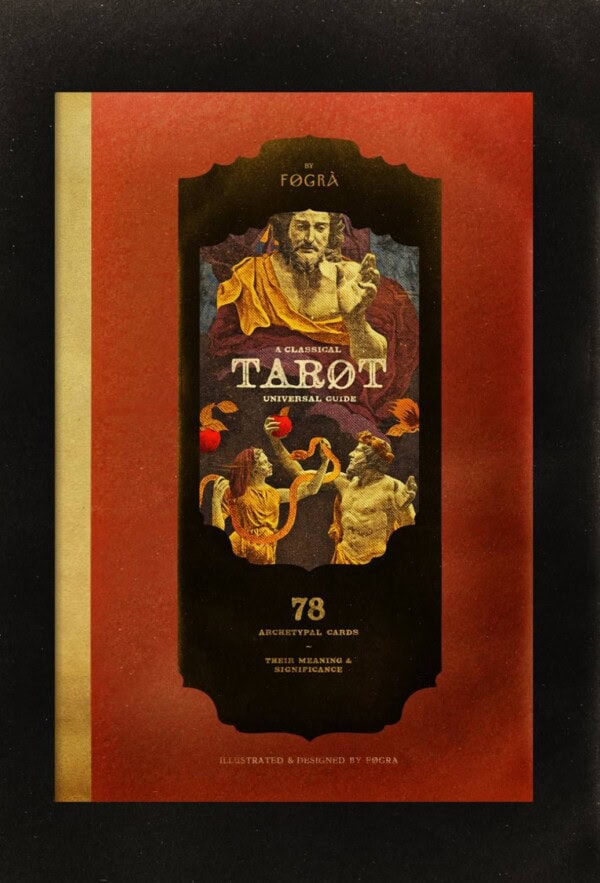 A classical tarot card guidebook cover with golden and red tones, featuring images of mythological figures and text reading “A Classical Tarot Universal Guide, 78 Archetypal Cards, Their Meaning & Significance.”.