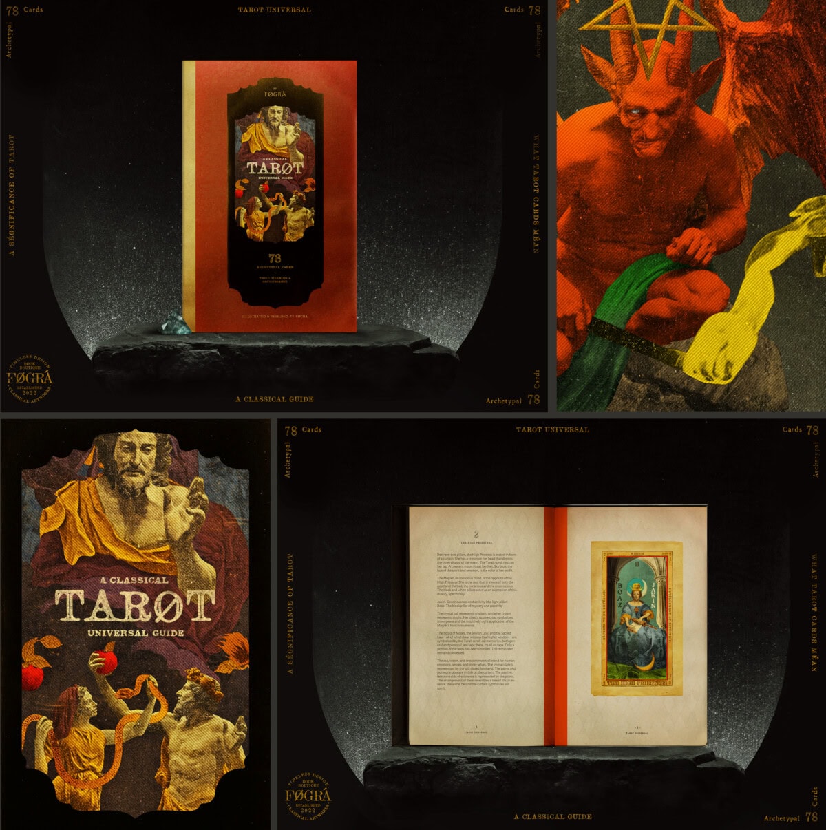 A collage of tarot-themed images: a boxed tarot deck, an illustration of a red devil, a tarot guidebook cover with ancient figures, an open book with a tarot card, and the number 78 featured throughout.