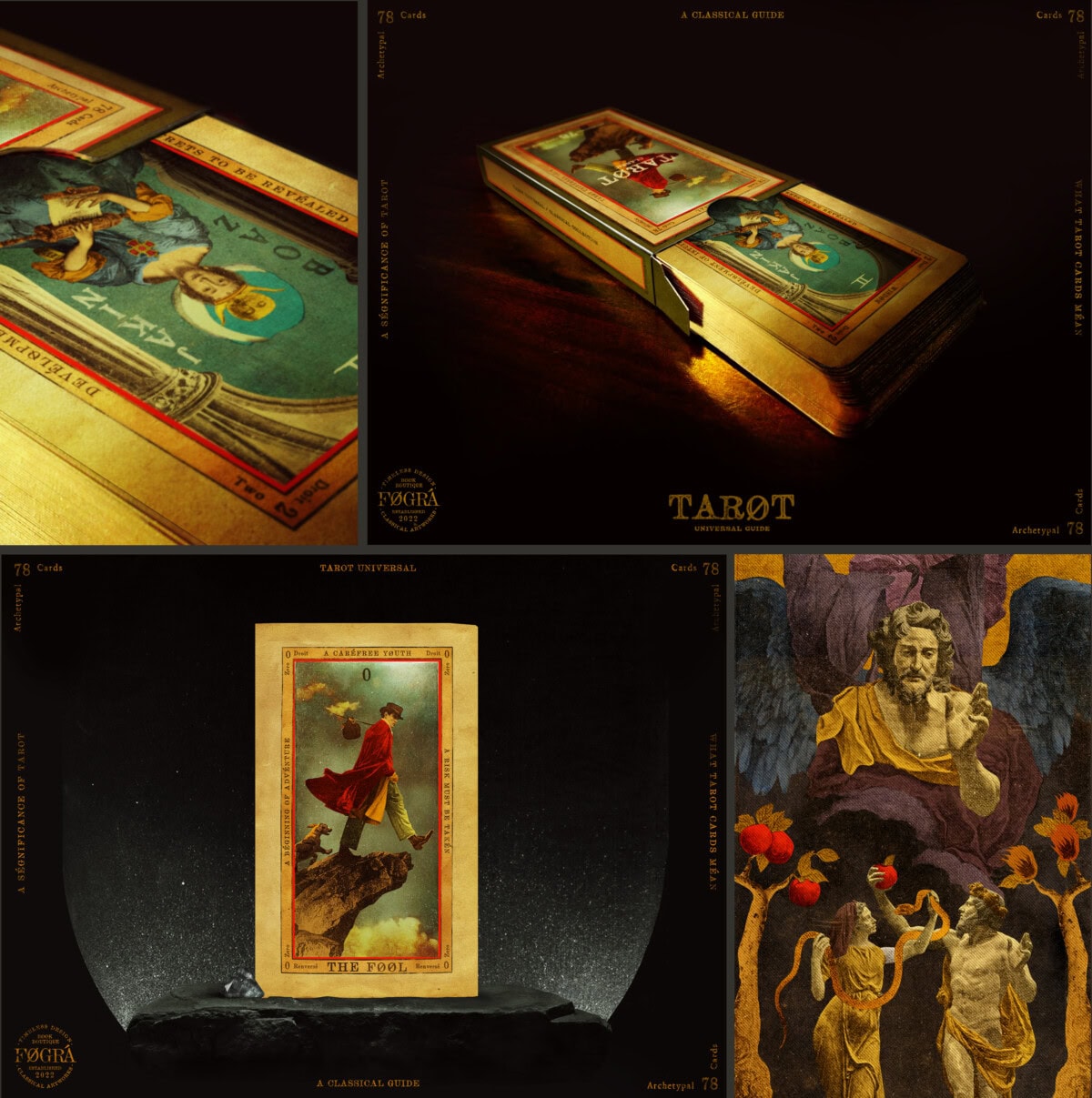 A collage of four images featuring tarot cards, with close-ups of The Fool card and ornate, vintage-style illustrations, including a classical painting and a stack of tarot cards with golden accents.