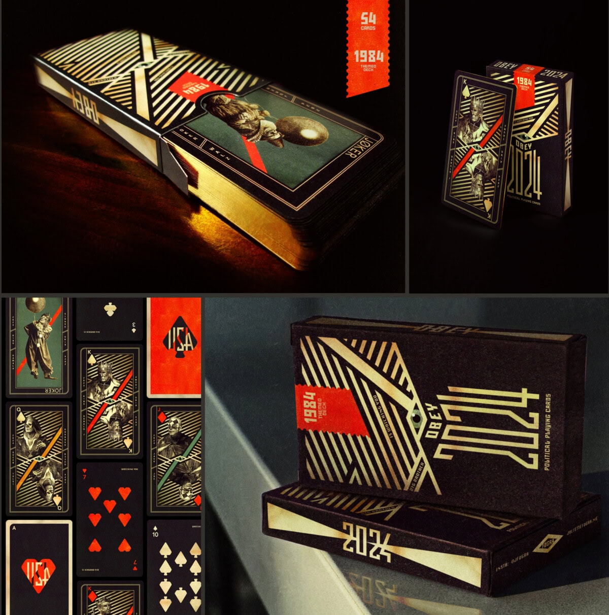 A collage features playing cards and boxes styled with dystopian, propaganda-inspired, gold and red designs. Cards show figures in gas masks and uniforms; boxes display 1984 and 2024 in bold, graphic fonts.