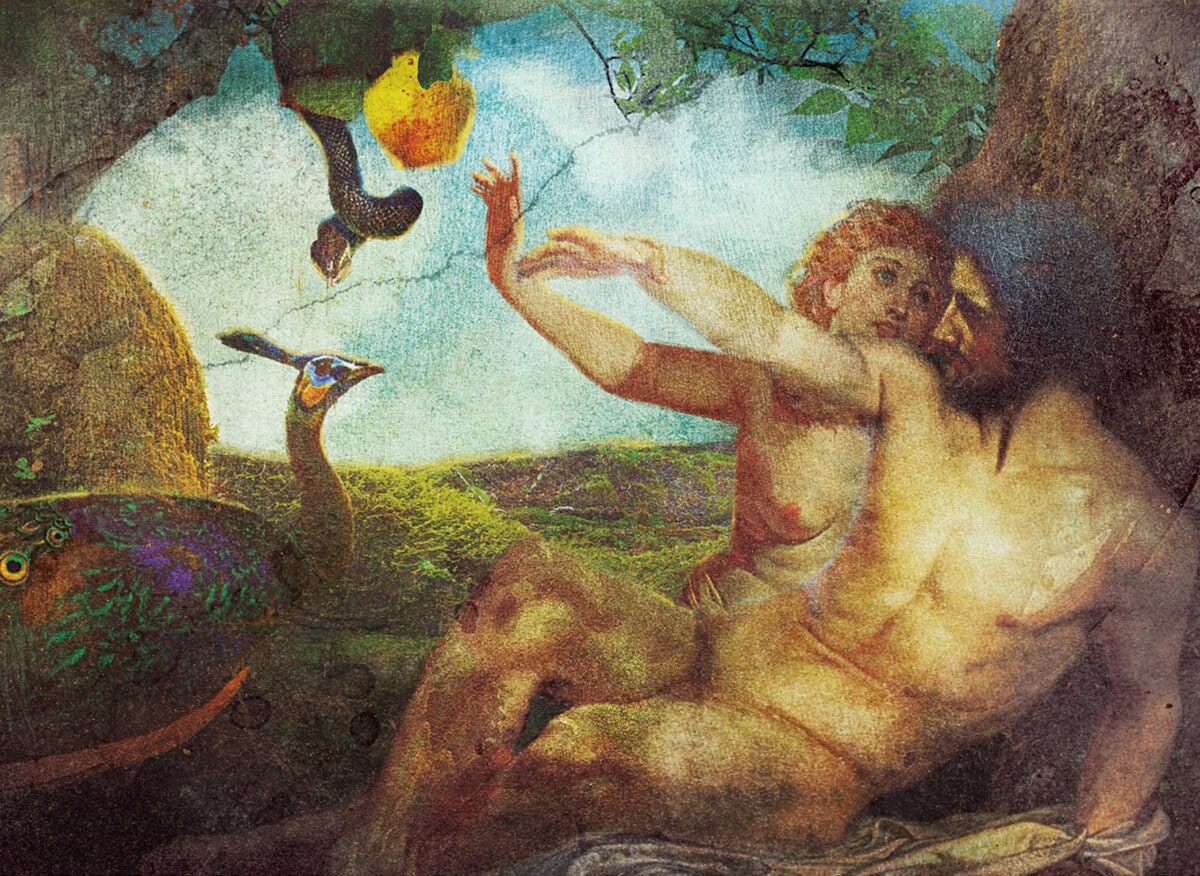 A classical-style painting of a naked man and woman under a tree, startled by a snake offering fruit. A peacock stands nearby on grassy ground, and the scene appears aged and textured.