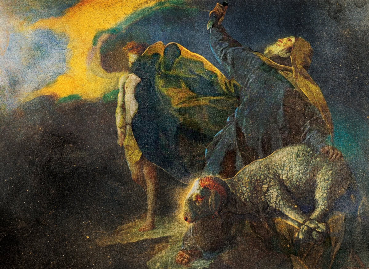 A dramatic painting shows an elderly man raising a knife, preparing to sacrifice a bound young man while a sheep lies nearby. The scene is set against a dark, glowing sky, creating an intense, emotional atmosphere.