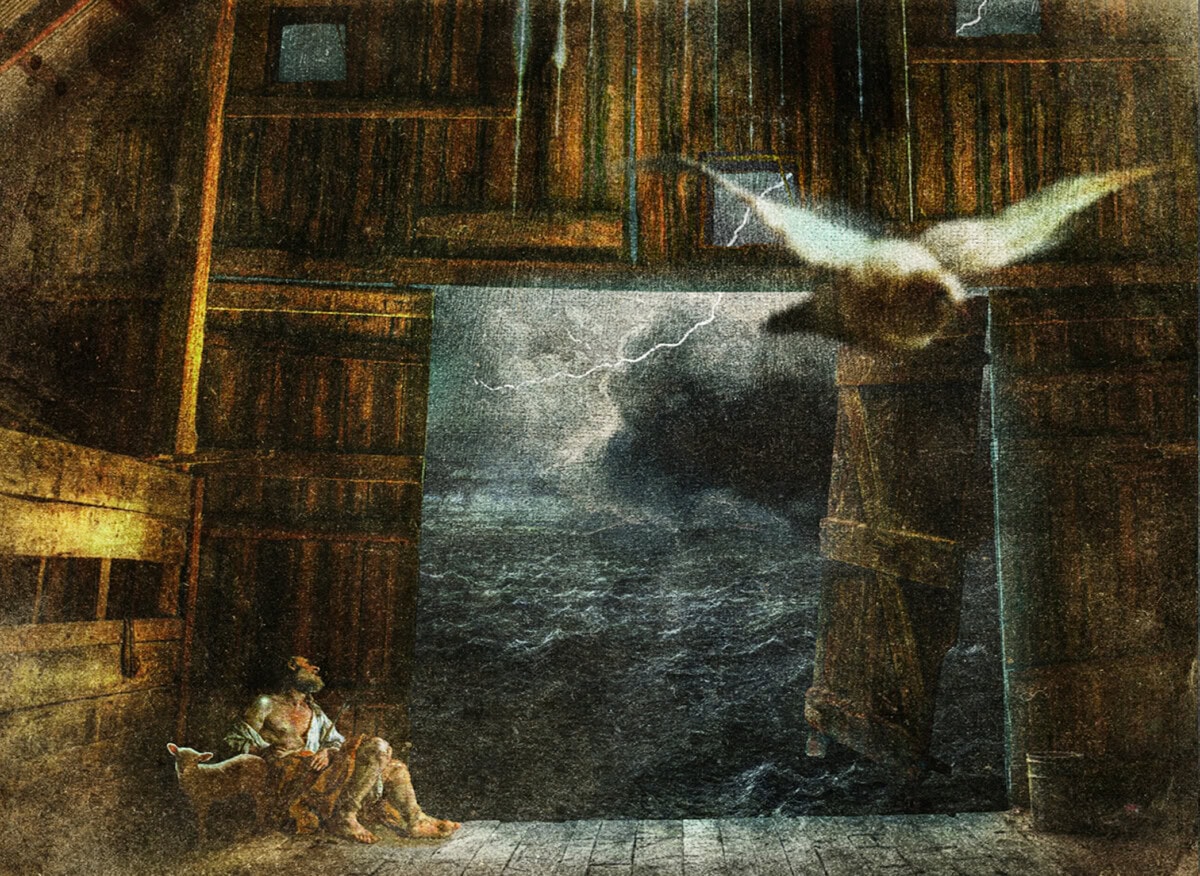 A person sits on the wooden floor of a large barn with open doors, looking at a white bird flying out toward a dark stormy sea and a sky lit by lightning. Moonlight illuminates the dramatic scene.