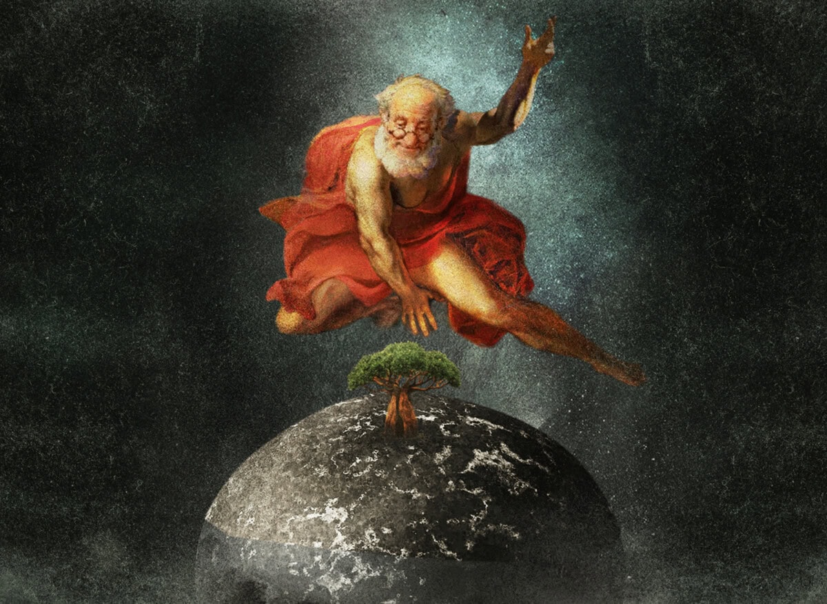 An elderly, bearded man in a flowing red robe floats above a dark, textured globe with a small tree growing on it, reaching down dramatically as light radiates behind him.