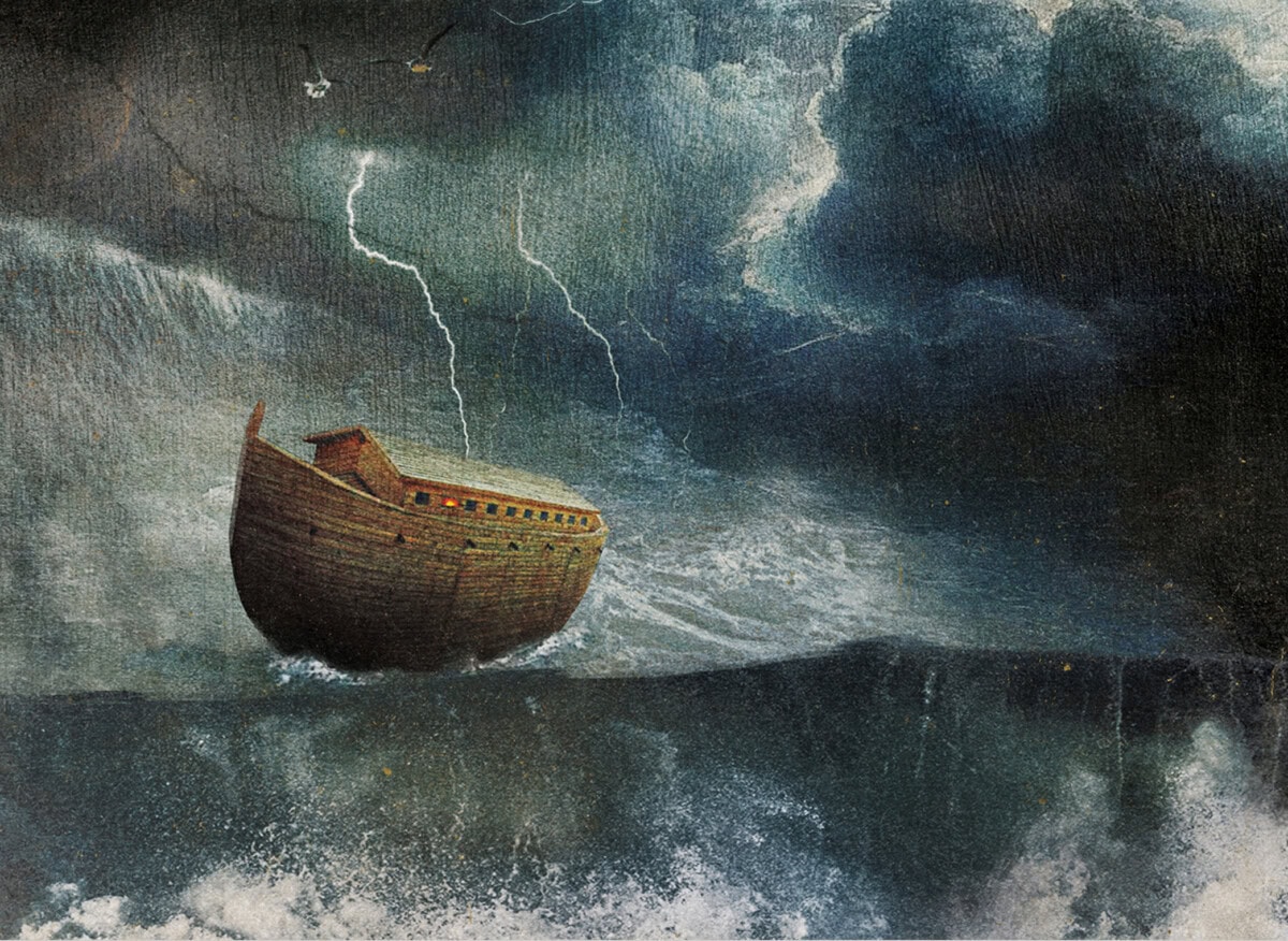 A large wooden ark floats on stormy ocean waves during a thunderstorm, with lightning illuminating dark clouds in the night sky.