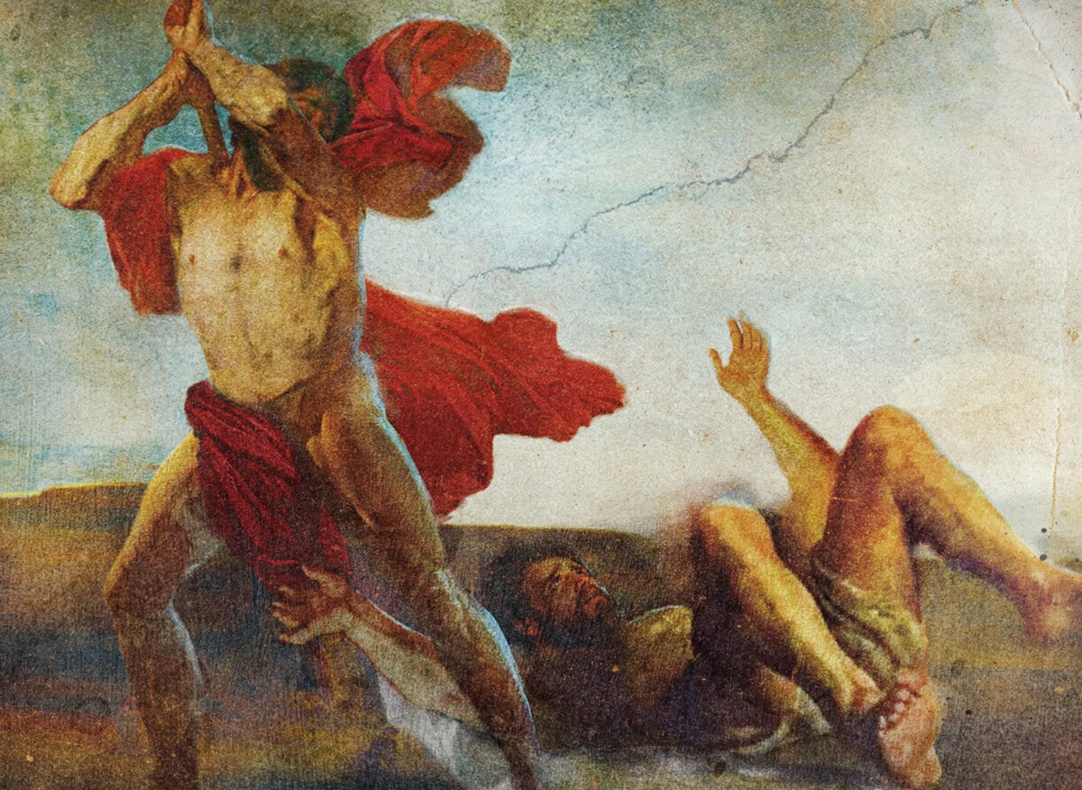 A dramatic painting shows a muscular man in a red cloth raising a stone, preparing to strike another man lying on the ground, who shields himself with his arms in fear. The scene is intense and dynamic.